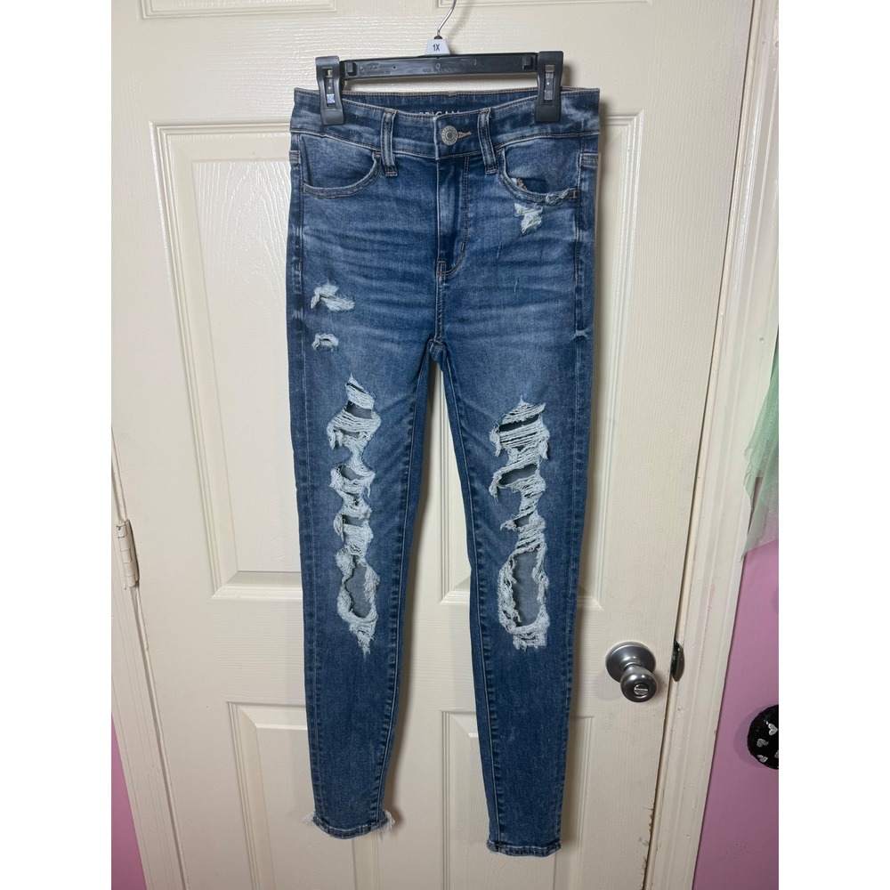 American Eagle Hi-Rise Jegging Next Level Stretch Distressed Blue Jeans Size 0